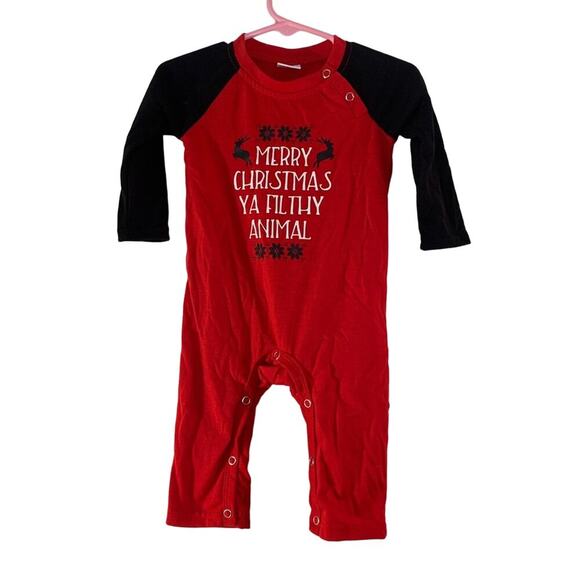 PATPAT Boy’s “Merry Christmas Ya Filthy Animal” Red/Black One Piece/Size: 3-6 Mo - Picture 1 of 6